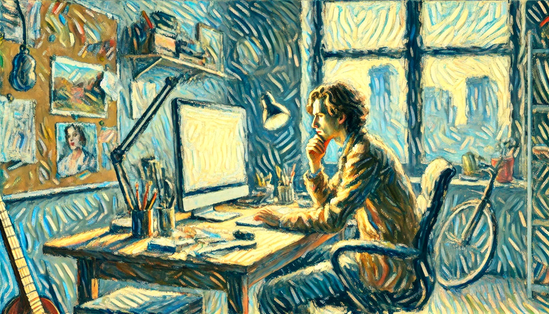 An Impressionist style illustration of a person sitting in front of a computer, deep in thought. The setting is a modern office or home office with a desk, computer, and office supplies. The person's expression reflects concentration and contemplation, as they are focused on their work. The color palette is soft and pastel, capturing the light and atmosphere typical of Impressionist paintings. The background includes a window with a view of a cityscape or nature.