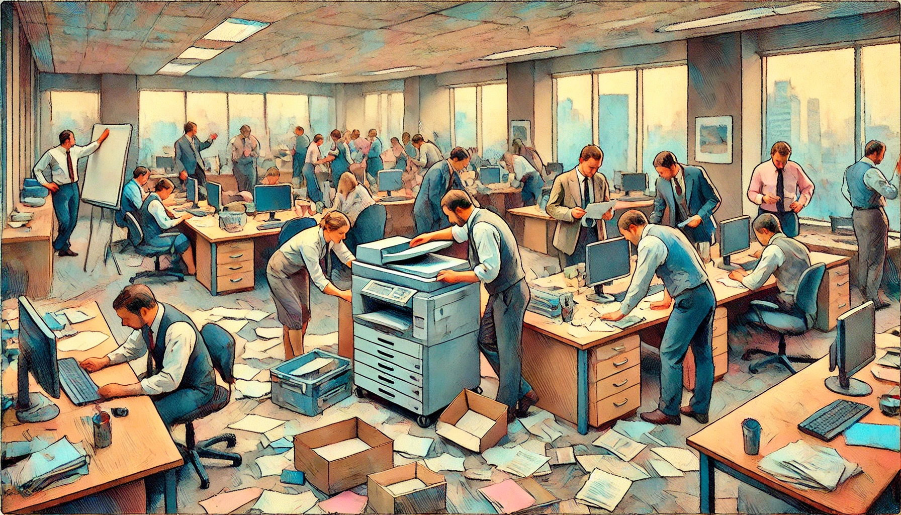 An Impressionist style illustration of an office scene where people are trying to repair a printer. The setting is a modern office with desks, computers, and office supplies. The people are engaged in various activities, focusing on fixing the printer, with expressions of concentration and collaboration. The color palette is soft and pastel, capturing the light and atmosphere typical of Impressionist paintings. The background includes windows with a view of a cityscape.