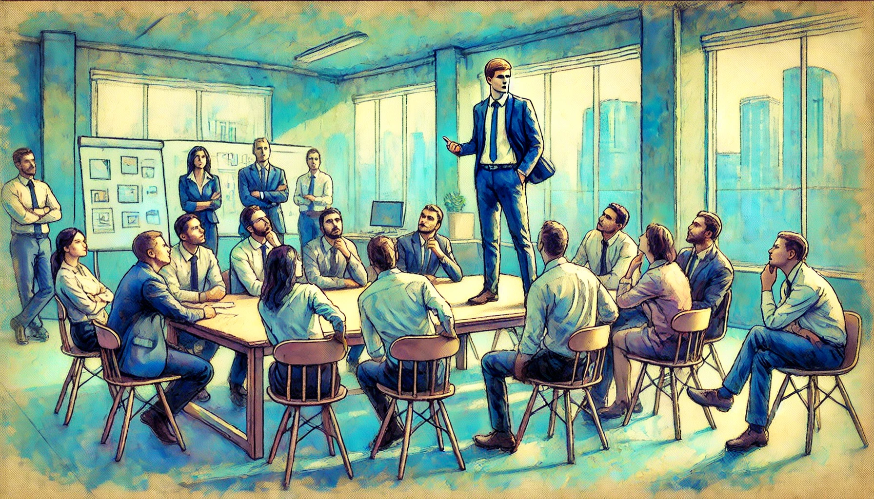 An Impressionist style illustration of a person stepping up to lead a team out of a difficult situation. The setting is a modern office with the team gathered around a table, looking concerned and uncertain. The leader stands confidently in front of the team, gesturing with determination and inspiration. The color palette is soft and pastel, capturing the light and atmosphere typical of Impressionist paintings. The background includes office elements such as desks, computers, and windows with a view of a cityscape.